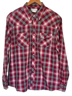 VTG Wrangler Wrancher Western Red Plaid  Pearl Snap Long sleeve Shirt Size XL